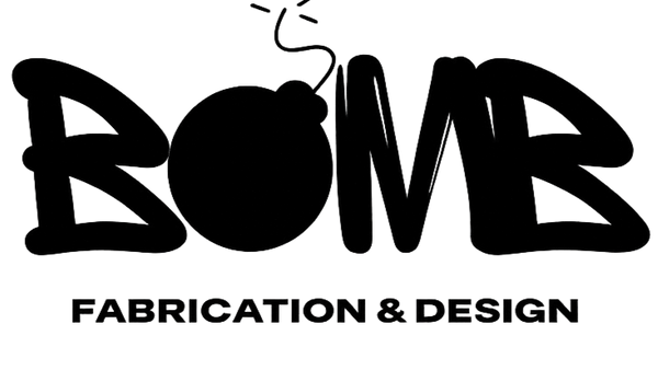 Black 'BOMB' logo with 'Fabrication & Design' text on a white background